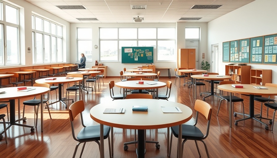 Empty classroom with round tables in San Antonio school news.