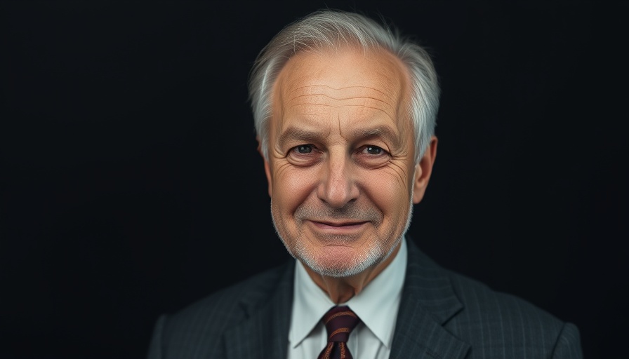 Distinguished older man smiling in dark background, lifelike photo.