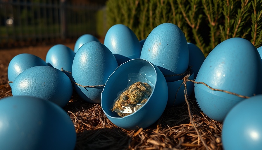 Weed-filled plastic eggs found in Lufkin, Texas outdoors.