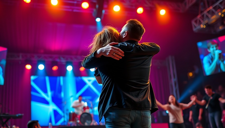 Dynamic embrace on stage during NFL event, vibrant lighting.
