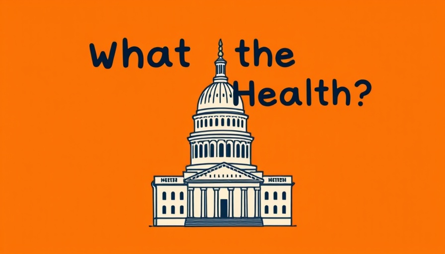 Illustrated Capitol building with healthcare text overlay on orange background.