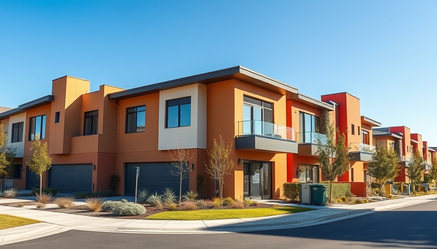 Modern townhomes in Frisco Texas with lush landscaping.