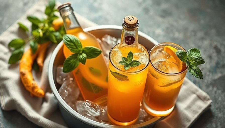 Basil ginger green tea turmeric cooler in a bottle with two garnished glasses.