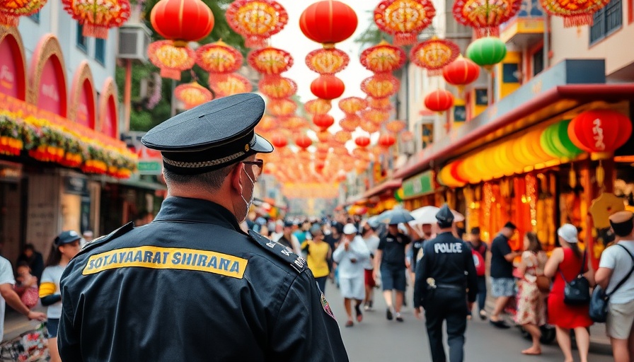 Festival street scene with police presence at Fiesta de Los Reyes.