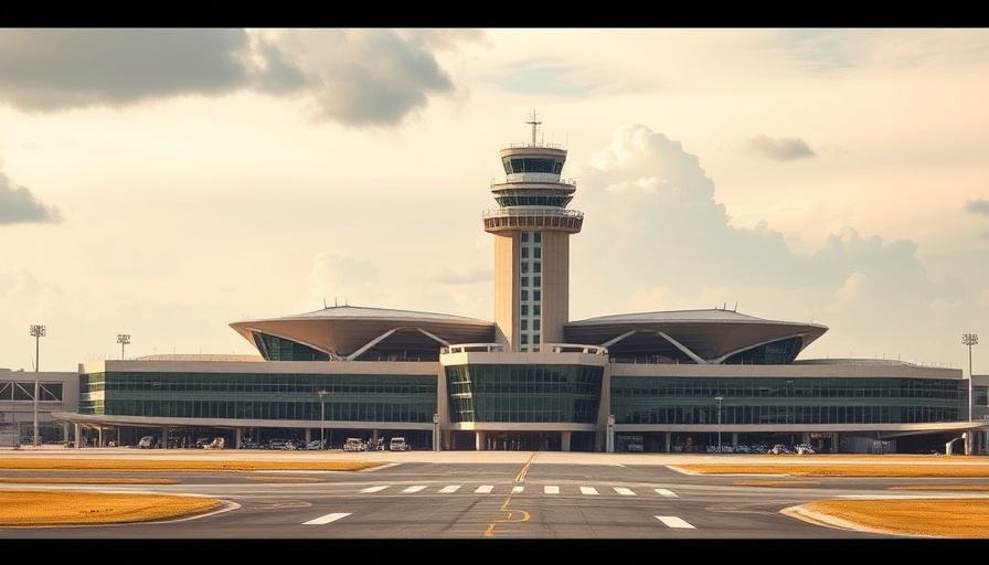 San Antonio airport terminal view with control tower and runway.
