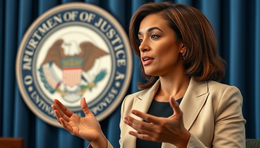 Journalist protections during leak investigations, professional woman speaking, Department of Justice emblem.