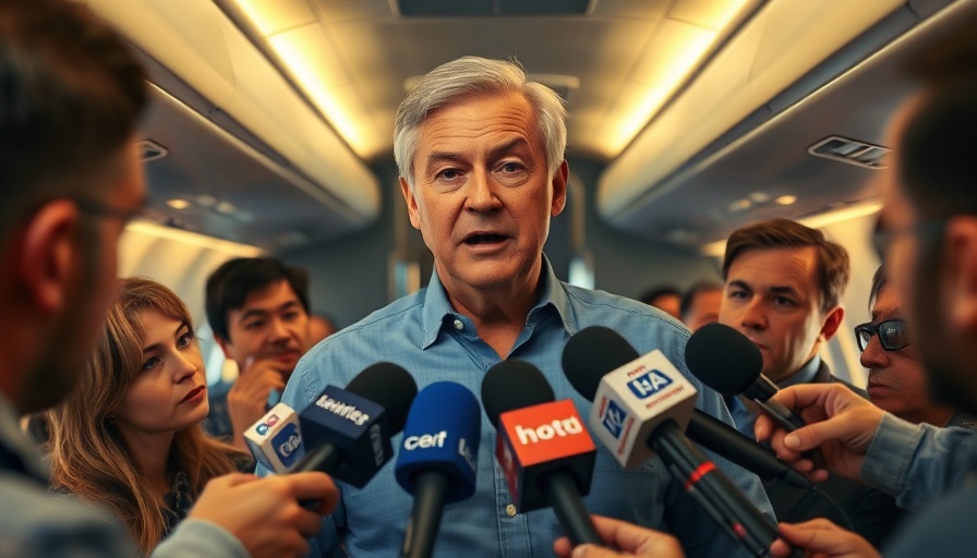 Confident man speaking to reporters about union protections for federal workers in an airplane cabin.