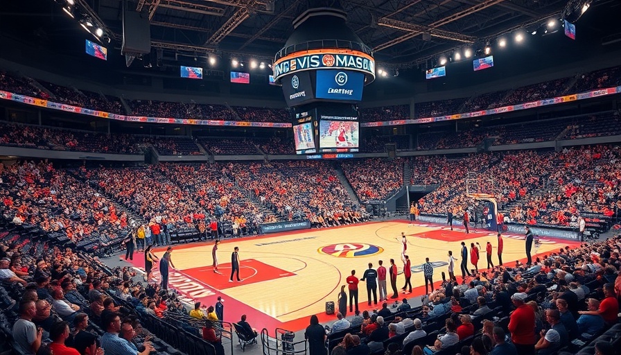 Vibrant basketball court with spectators during a game, LeBron James news.