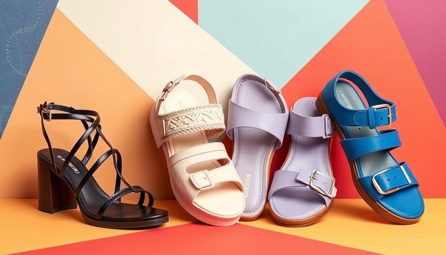 Trendy sandal styles for wide feet on colorful background.