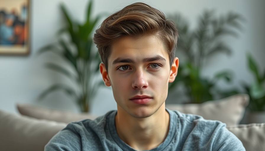 Young adult showing signs of dry eye disease, seated indoors.