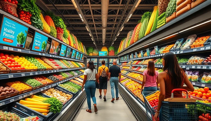 Digital nudges guide healthy grocery choices with vibrant produce.
