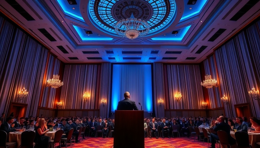 Washington Hilton ballroom with political speech, blue lighting.