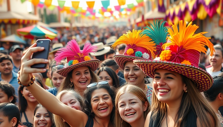 Colorful festival in San Antonio, vibrant hats, people taking selfies.