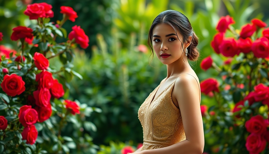 Elegant woman posing confidently in garden with roses, relapse-free MS.