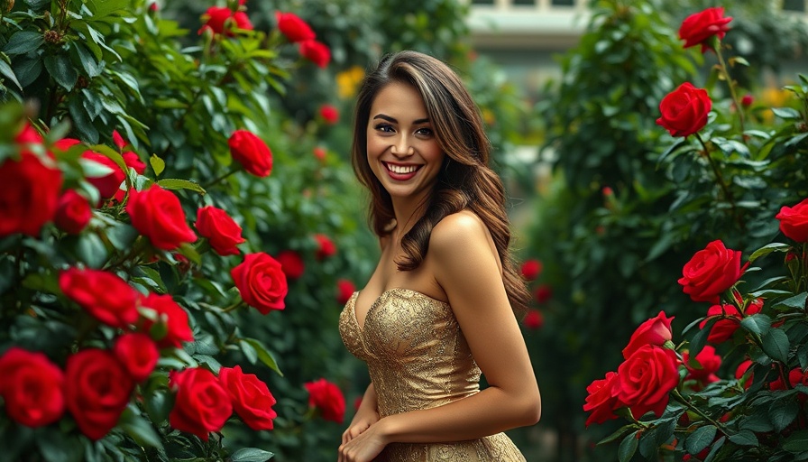 Elegant woman smiling in garden with roses, relapse-free MS moment.