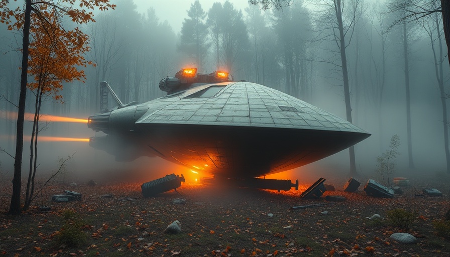 1970s spacecraft crash-land on Earth in a misty forest.