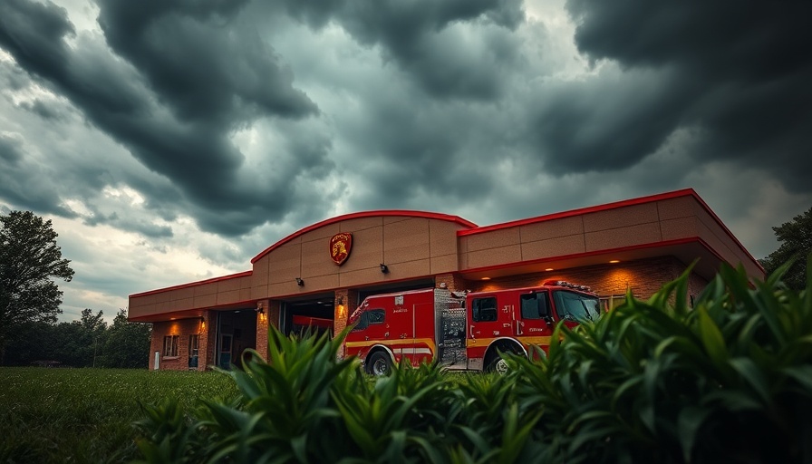 Fire station exterior with red fire truck, cloudy sky, and grass.