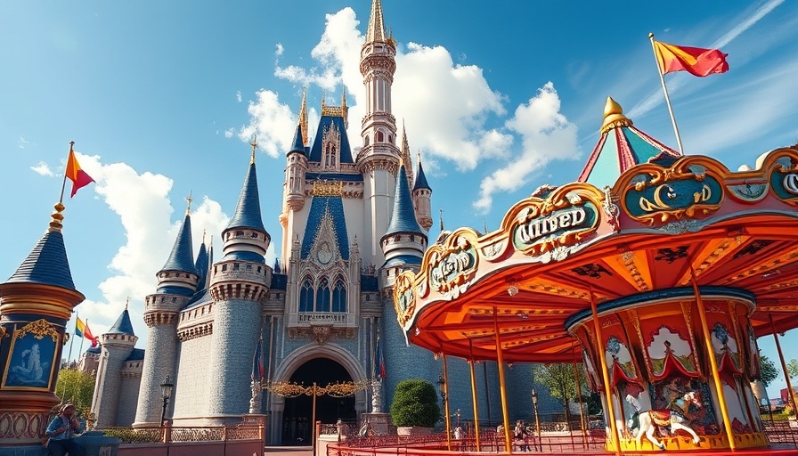 Disney castle and carousel on a sunny day, theme park setting.