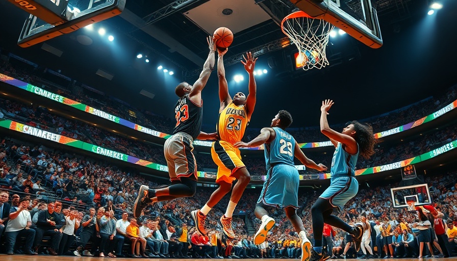 NBA playoffs action scene with players reaching for ball near basket.