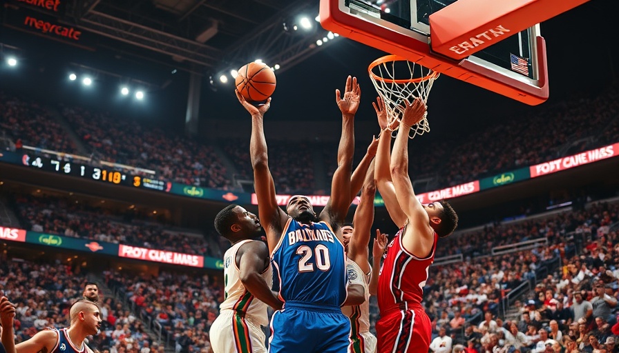 NBA highlights: Intense basketball action with players at hoop.