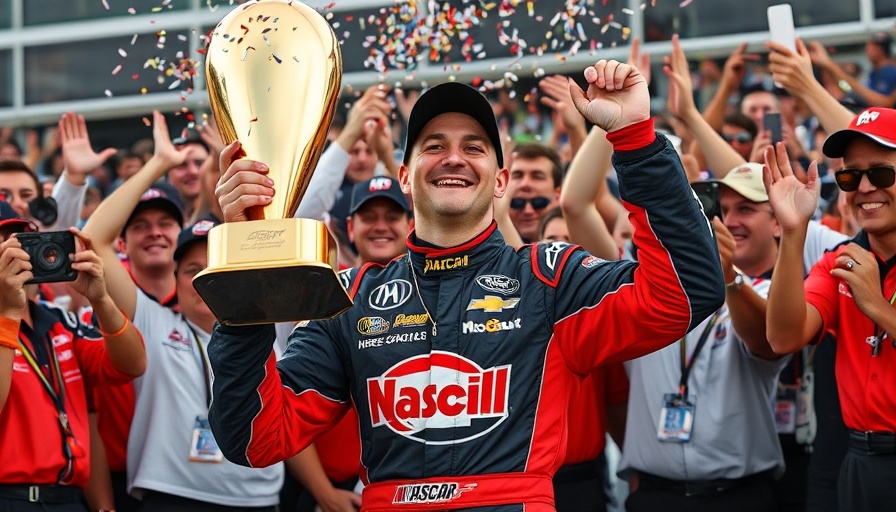 NASCAR driver victory celebration with trophy, Austin Hill Historic Talladega Win.