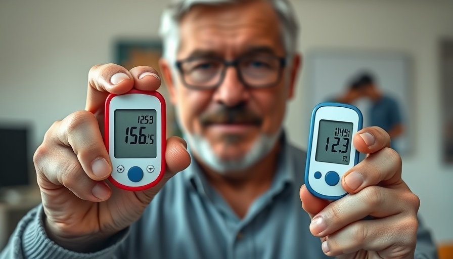 Man showing glucometers with different blood sugar readings.