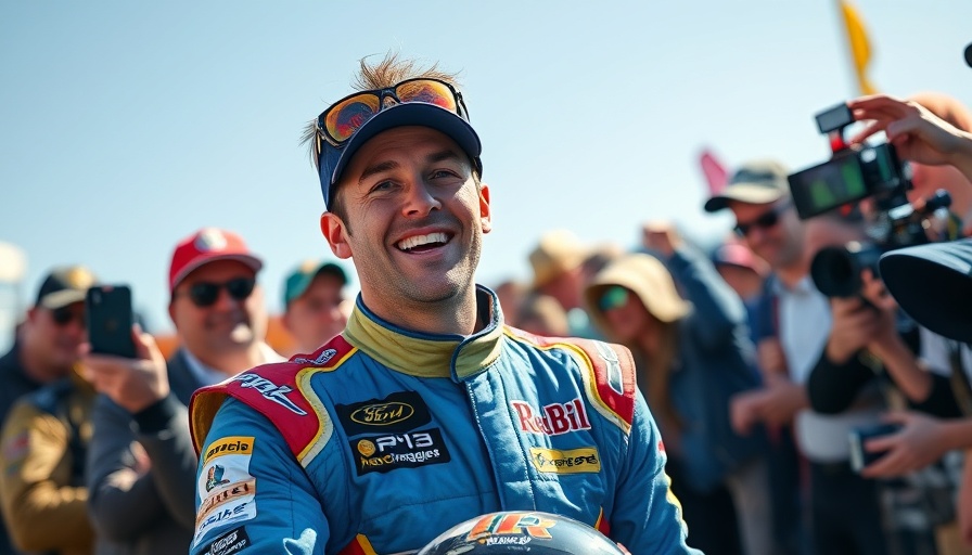 NASCAR Talladega race: Driver interacting with fans under blue sky.