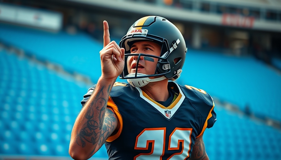 NFL player in action on the field pointing upwards.