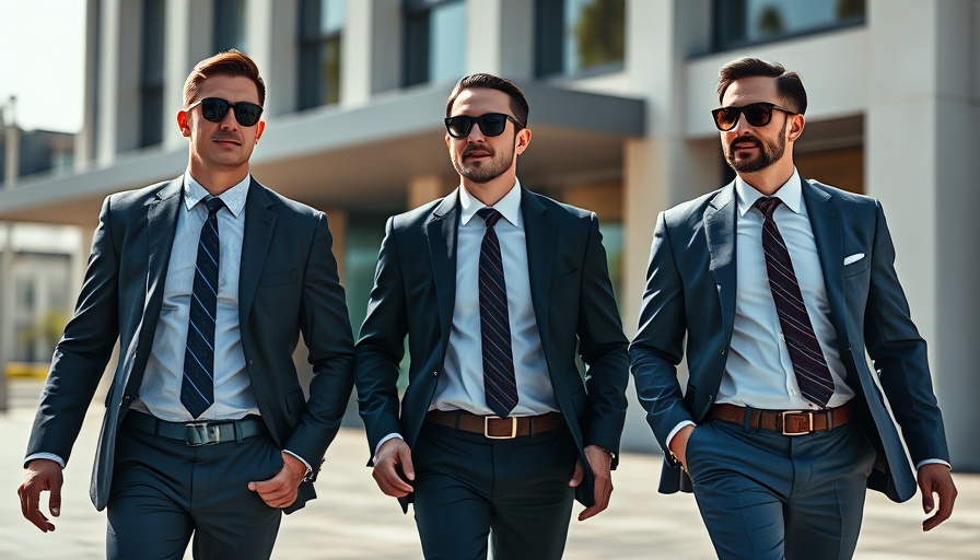 Men in business suits walking outdoors confidently.