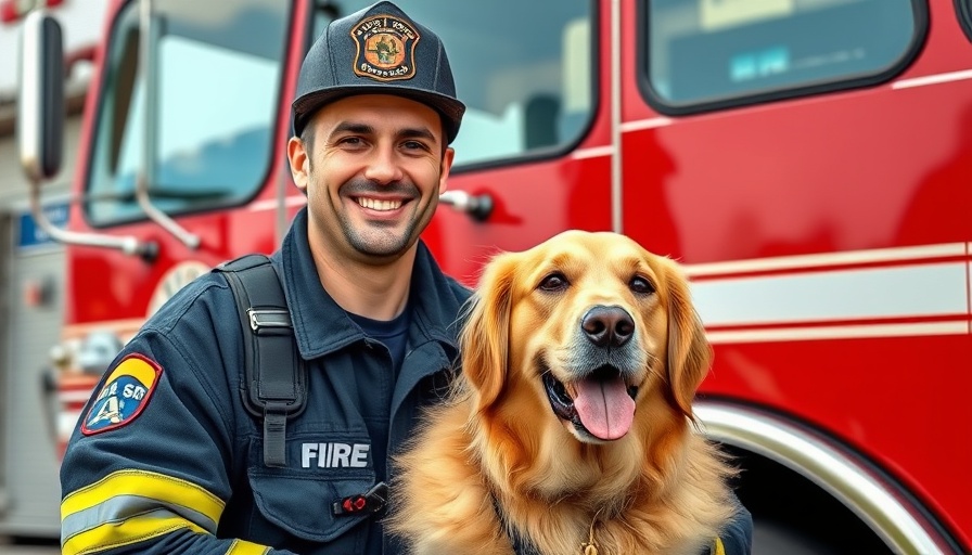 Firefighter posing with dog in front of fire truck.