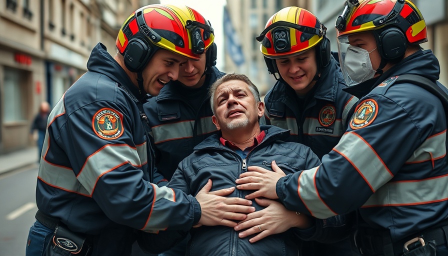 Emergency responders illustrate heart attack symptoms intervention.