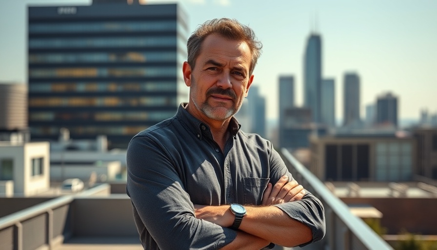 Middle-aged businessman on Dallas rooftop with skyscrapers.