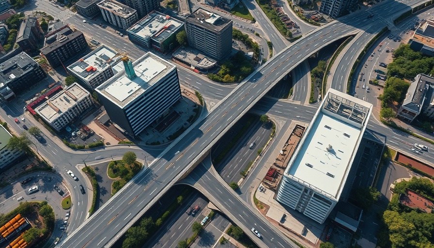 Aerial view of mixed-use development north of I-635 with roads and buildings.