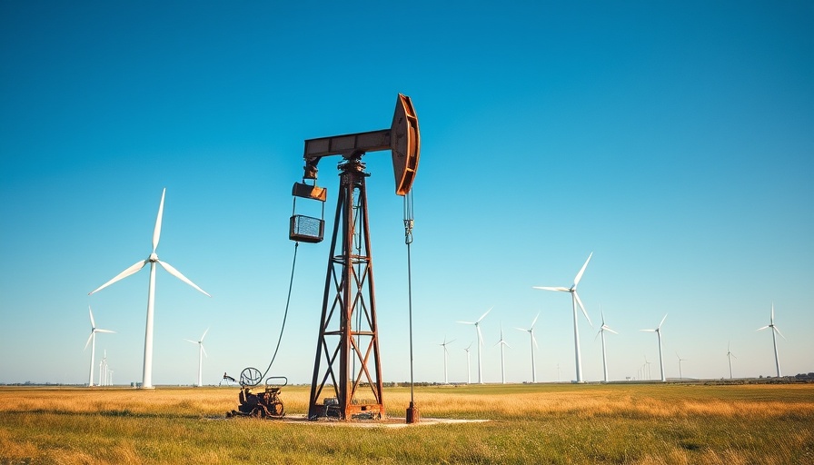 Texas energy landscape with oil pump and wind turbines, Houston business.