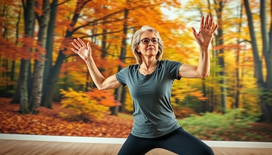 Middle-aged woman doing a menopause workout, vibrant forest background.