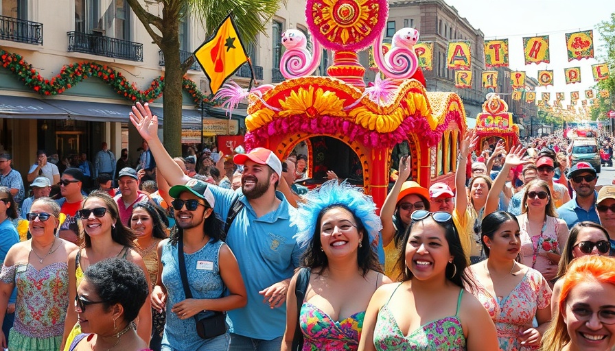 Festive San Antonio parade with people in colorful costumes enjoying events