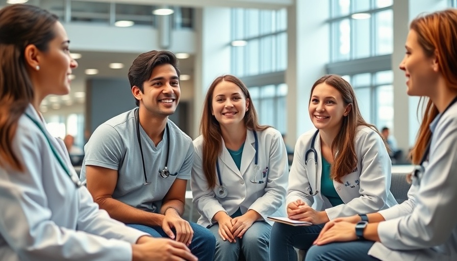 Two healthcare students discussing education benefits in a modern facility.