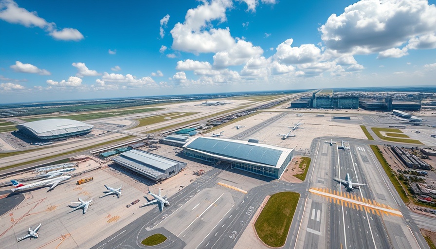 Aerial view of Dallas Fort Worth International Airport with clear skies.