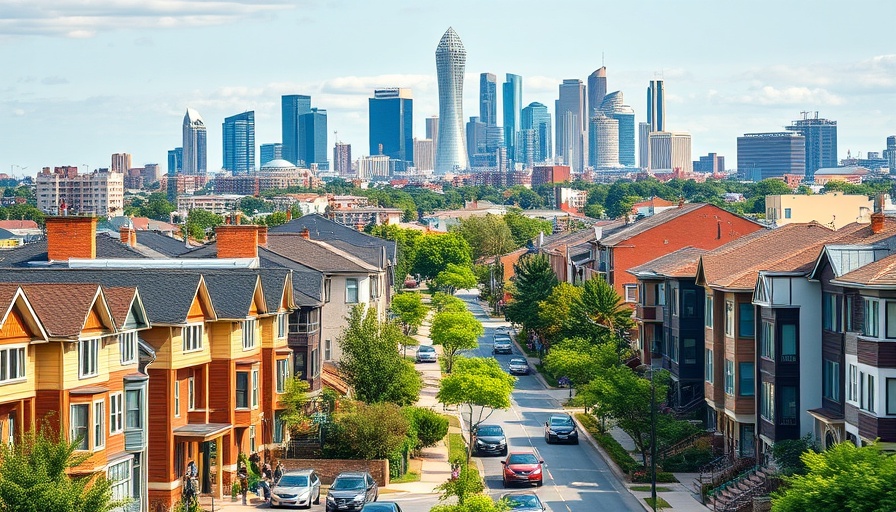 Dallas housing market scene with modern homes and urban skyline.