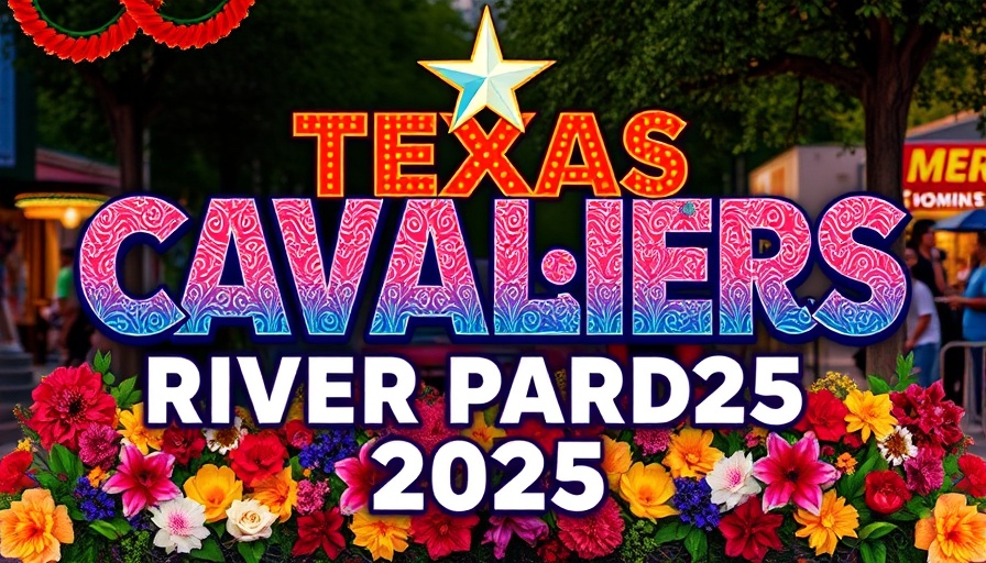 Colorful poster for Texas Cavaliers River Parade 2025 with floral designs.