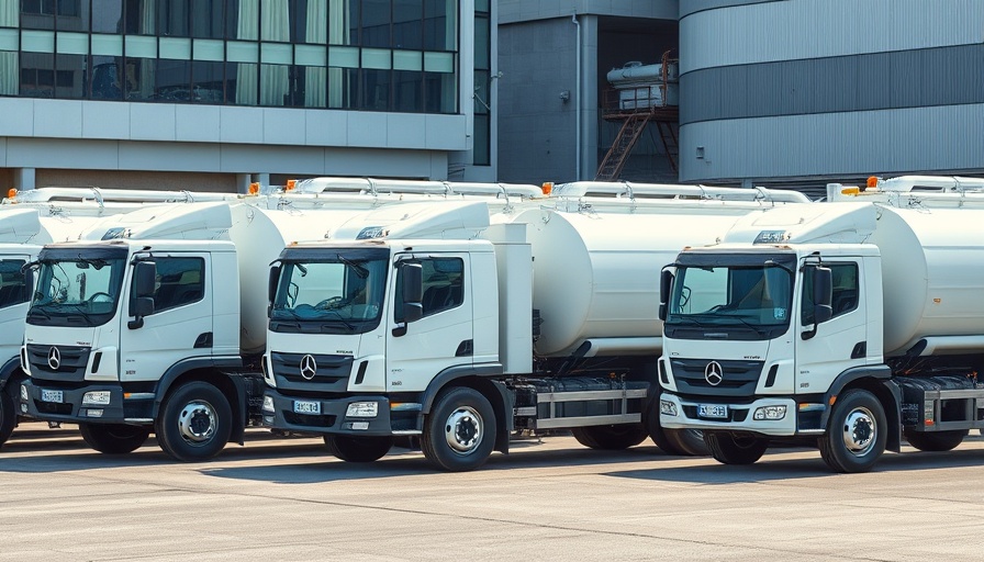 Fleet of water delivery trucks in an industrial setting, showcasing water deliveries to the United States.
