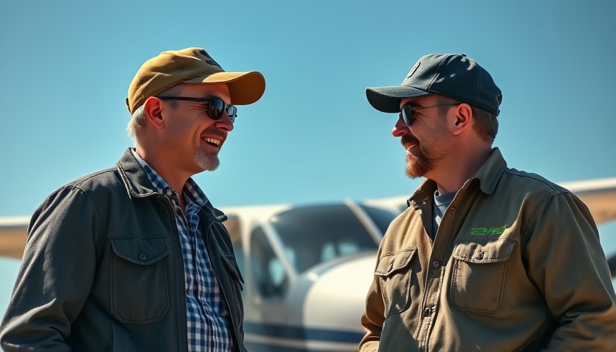 Men engaged in lively conversation outdoors near an aircraft