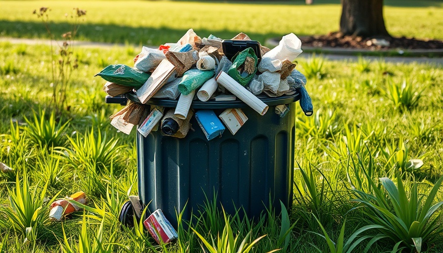 Overflowing trash can in grassy area highlighting city pollution.