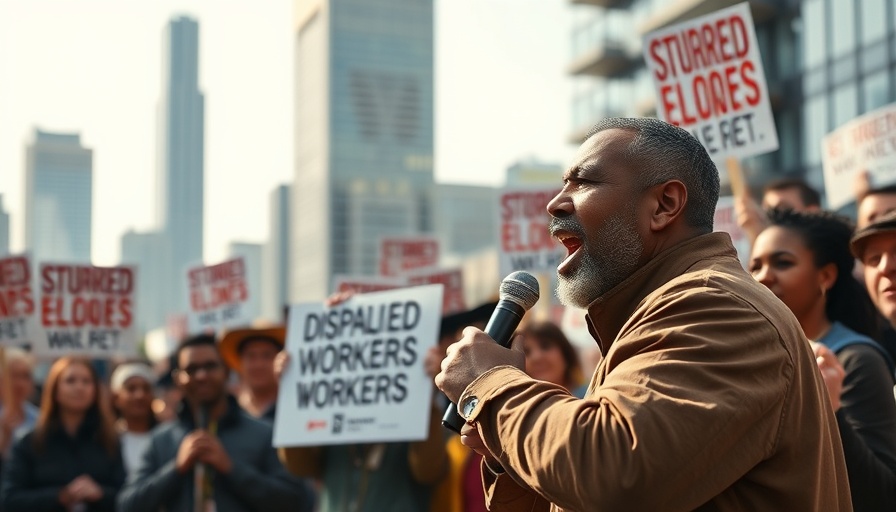 Speaker at protest supporting displaced workers, urban setting.
