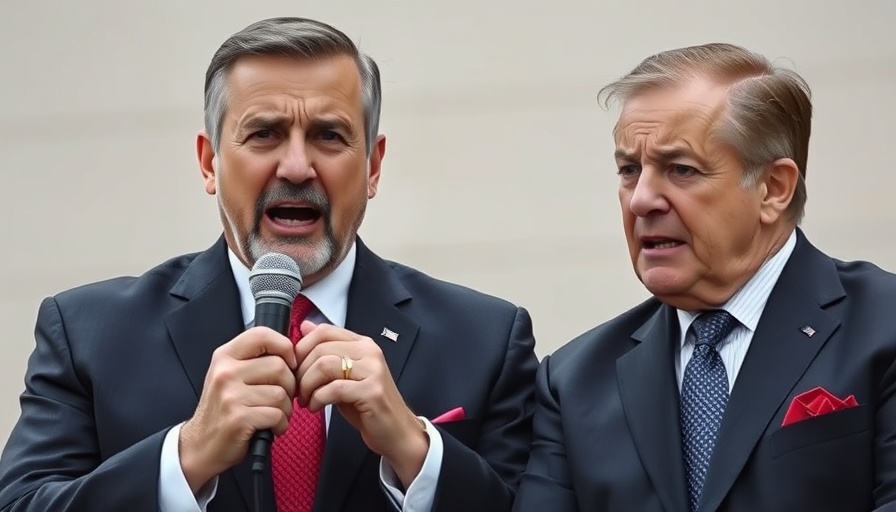 Two men in suits expressing emotions, outdoor scene.