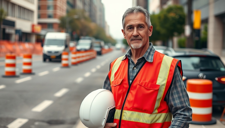 Channelview man in safety vest holding helmet beside road.