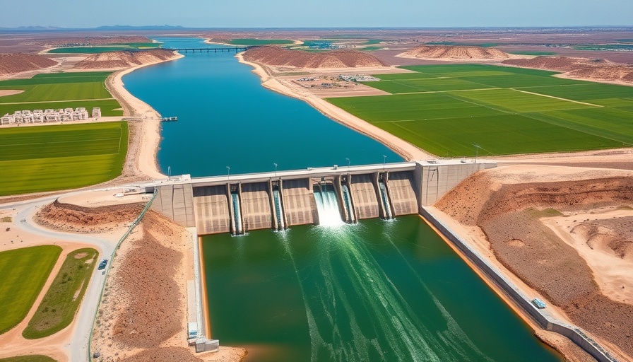 Aerial view of canal and dam in Mexican landscape, part of water agreement.
