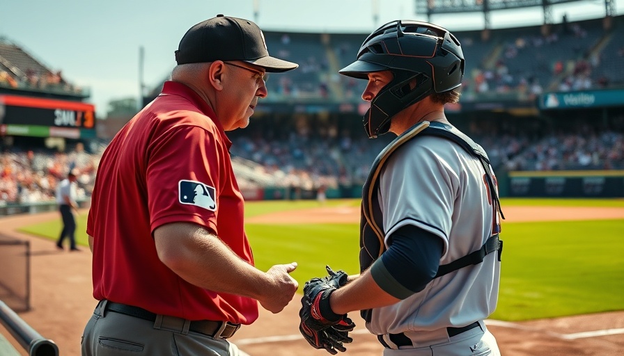 Baseball game with umpire and catcher discussing, cinematic scene.