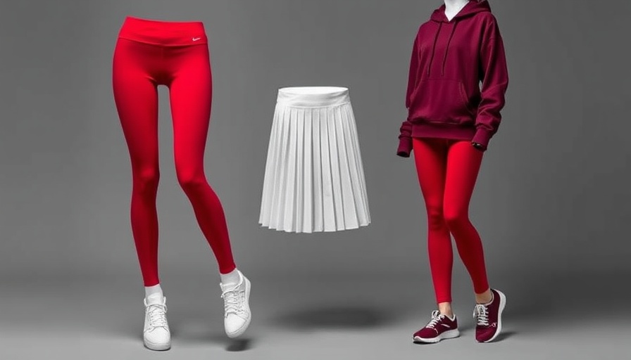 Alo Yoga sale deals with red leggings, white skirt, maroon hoodie displayed.