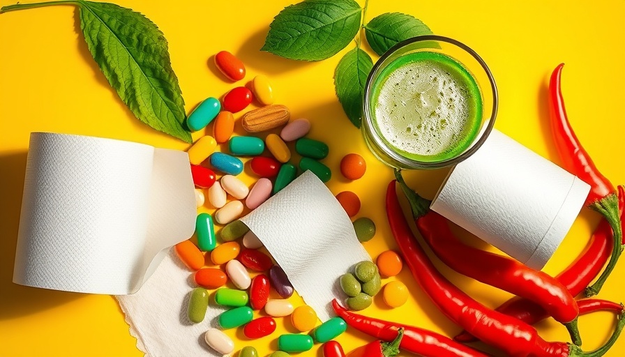 Collage of gut health elements including pills, green juice, and chili peppers.